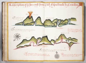 Ms Elkins 169 Uma descrição da costa do mar a partir da colina da Guatemala para ... Ilustração de Waggoner do mar (caneta e tinta com wc no papel)